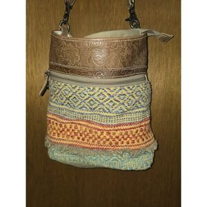 Myra Crossbody Bag Purse Brown Leather Yellow Blue Green Fringe Boho India